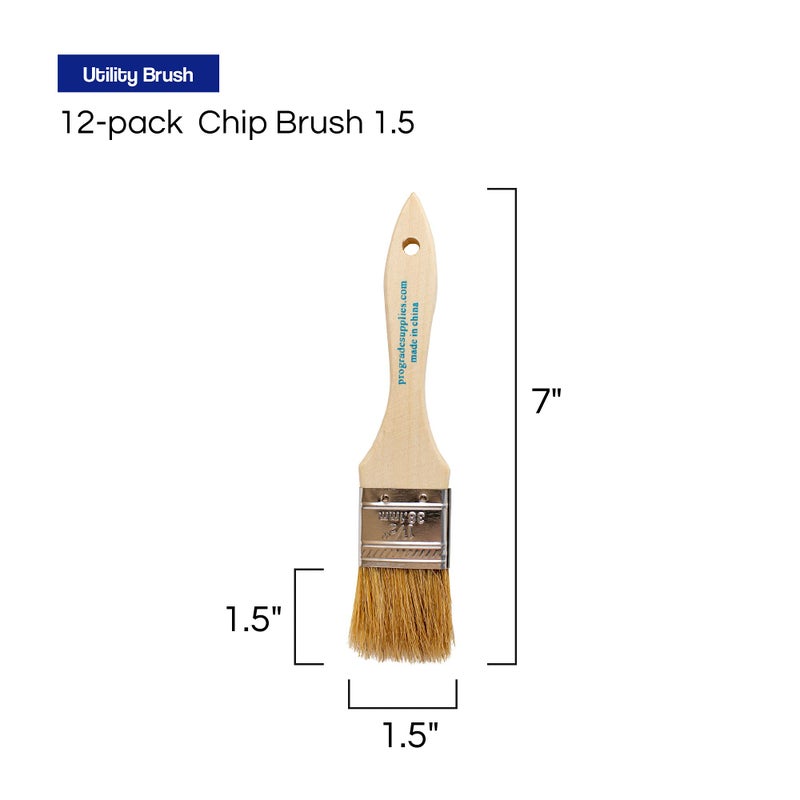 Pro-Grade Pro Grade - Chip Brushes - Paint Brush - Natural Bristle, 1.5 Inch, Smooth Wood Handle, Hole for Hanging, Versatile for Paints, Stains, Varnishes, Acrylics, Gesso - 12 Pack, Light Brown - Image 2